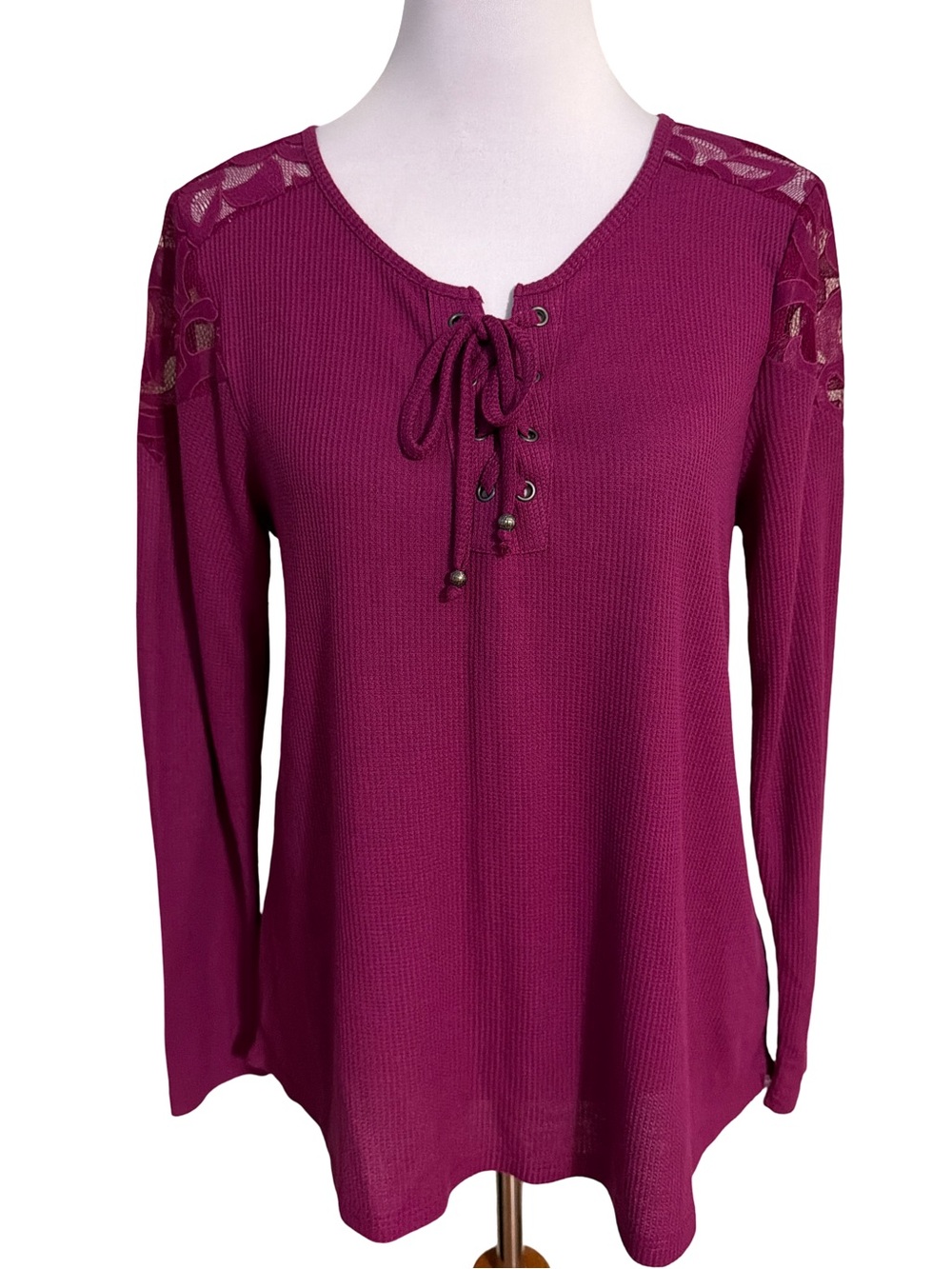 Style & Co. Lace-Accent Tie-Neck Long-Sleeve Top in Berry